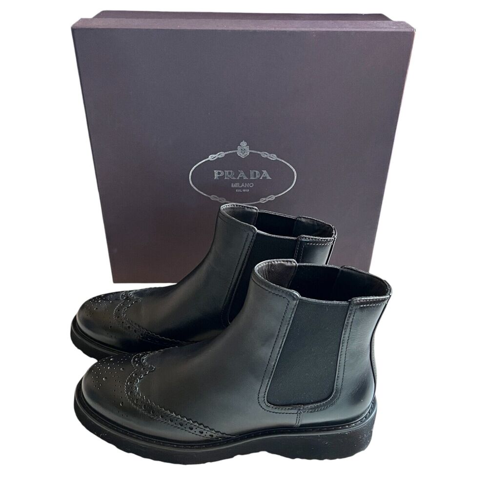 NWT Prada Size 8 Black Leather Chelsea Wingtip Chunky Boots EU 38.5